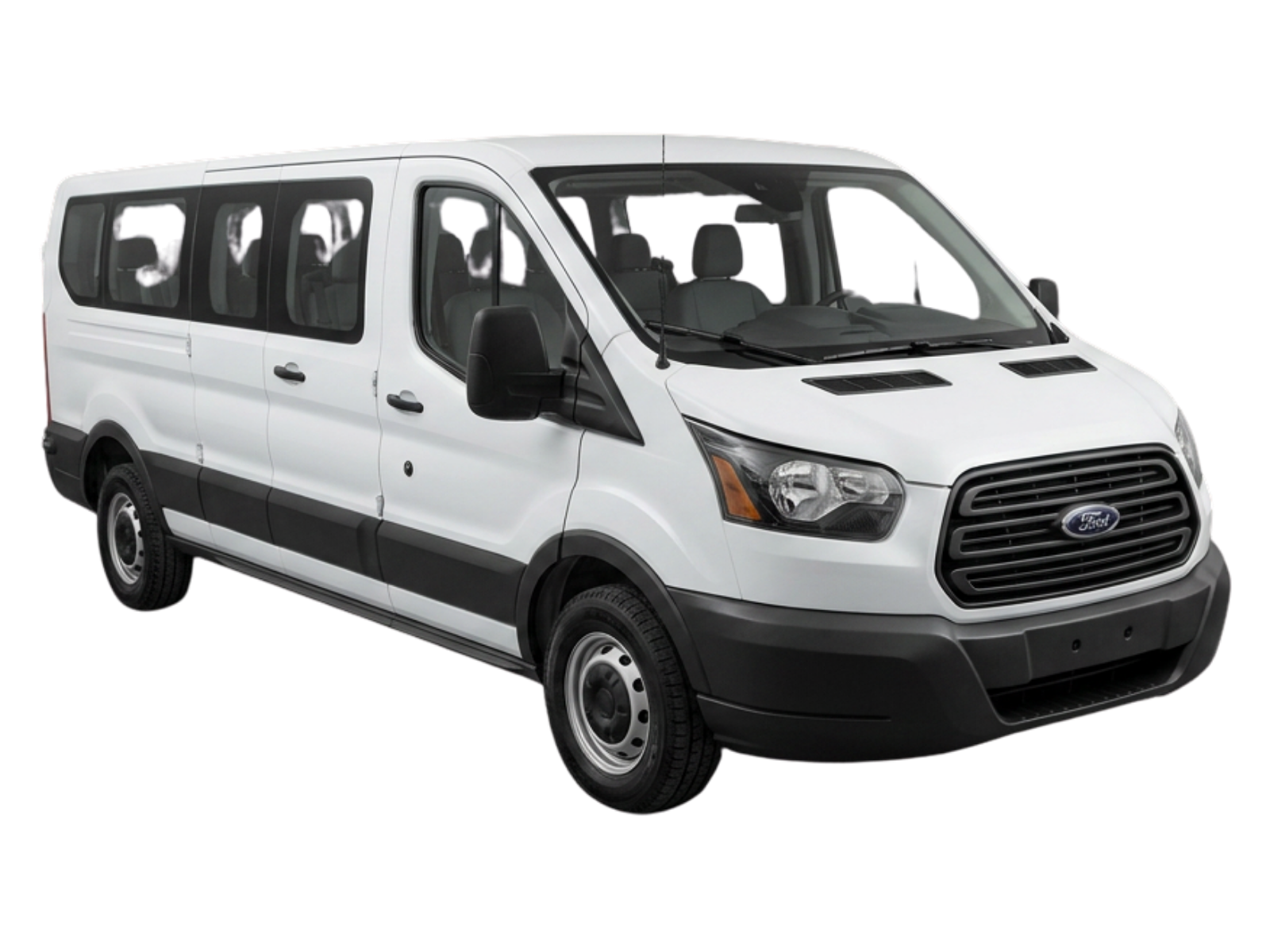 Ford Transit blanca, van de 15 pasajeros, vista exterior 3/4 frontal